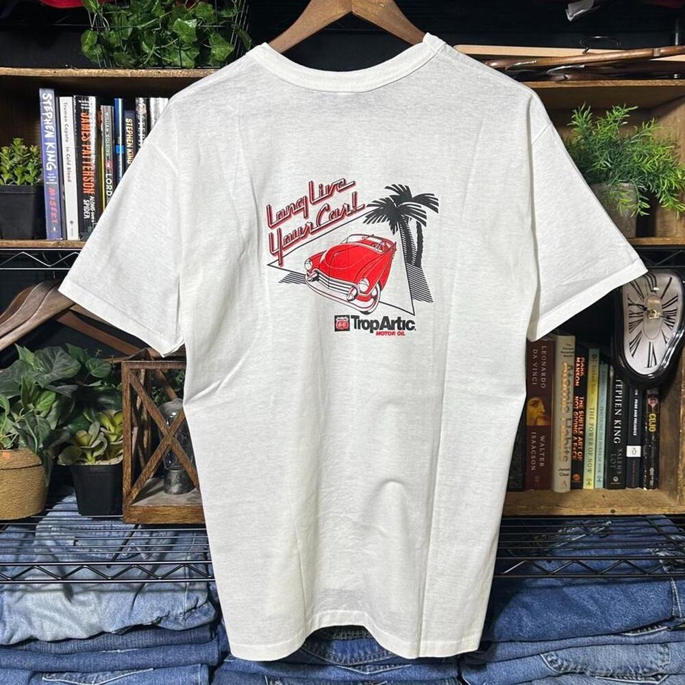 Vintage 80s Single Stitch Trop Artic Car Racing Tee Large White Motor Oil Shirt